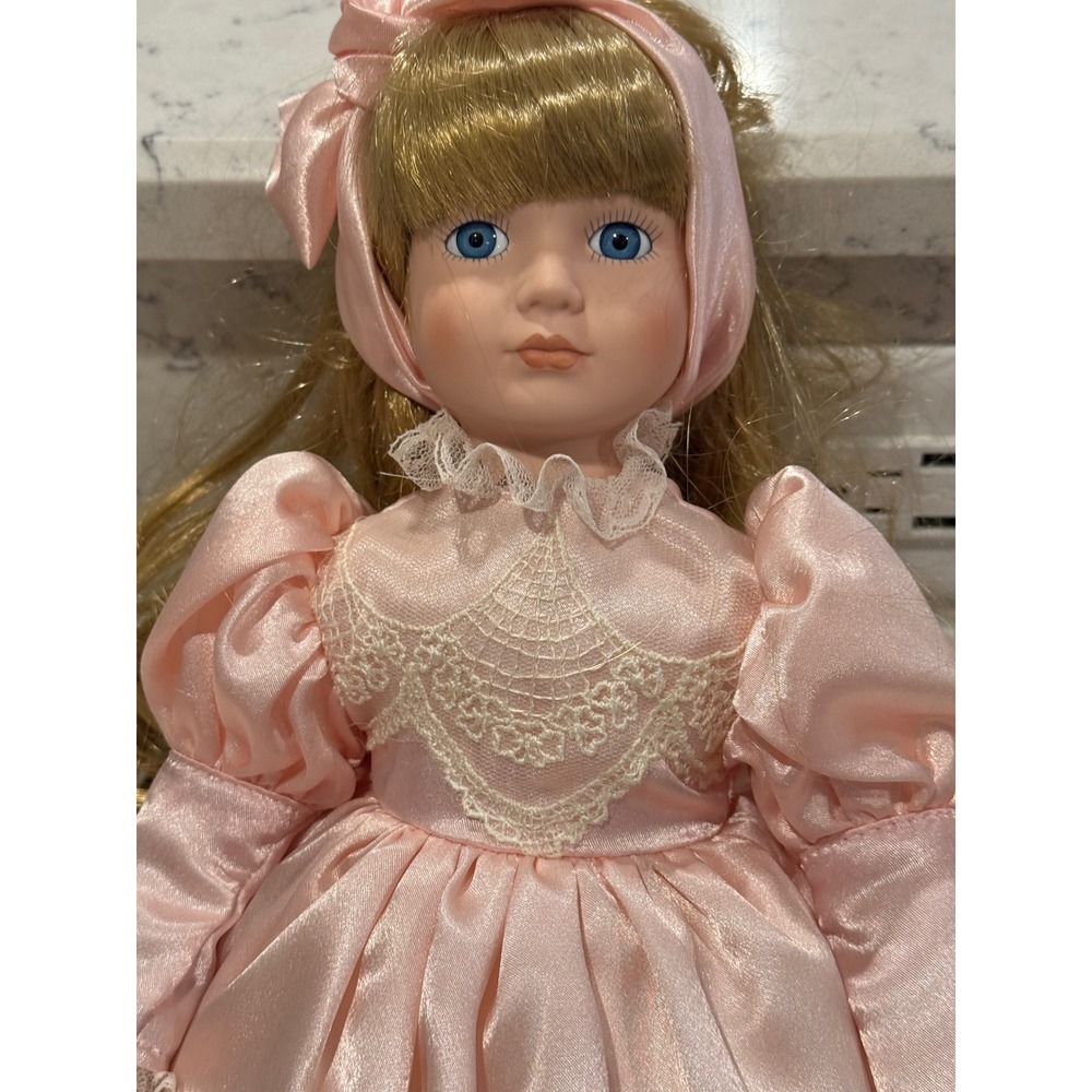 Vintage Porcelain Doll Pink Satin Lace Dress Victorian Style Collectible Katrina